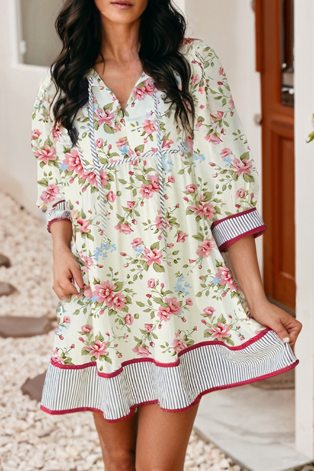 LDC Striped Edge 3/4 Puff Sleeve Floral Dress