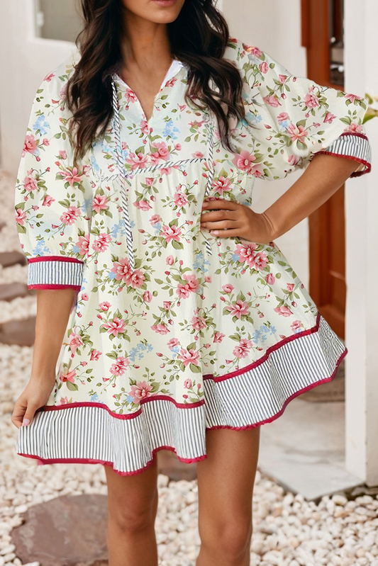 LDC Striped Edge 3/4 Puff Sleeve Floral Dress