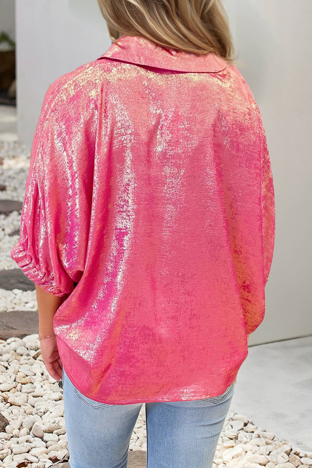 LDC Collared V Neck Half Sleeve Metallic Top