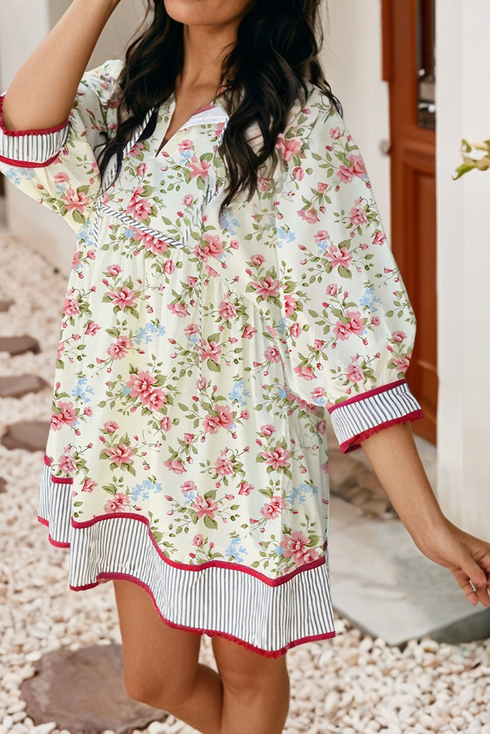 LDC Striped Edge 3/4 Puff Sleeve Floral Dress